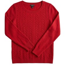 Talbots Cable Knit Sweater Womens Medium Petite Red Scoop Neck Wool Blend picture