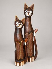 Pair of Striking Hand-Carved+Painted Wooden Cat Floor Sculptures 30” and 23”  picture