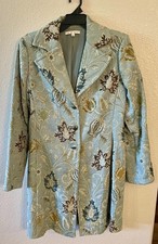 CAbi Guinevere Tapestry Brocade Coat Size 12 Blue Green Floral Belted  picture