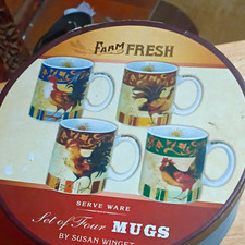 Farm Fresh Susan Winget Rooster Mugs Set of 4, Multicolor Cracker Barrell picture