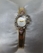 Vintage Elgin Quartz Genuine Diamonds Pink Ladies Dress Watch New Battery Works picture