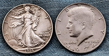 PRE-OWNED Walking Liberty Silver-Plated Half Dollar next to Kennedy Half Dollar picture