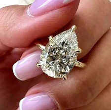 4ct Pear Cut Lab Created Diamond Engagement Solitaire Ring 14K Yellow Gold FN picture