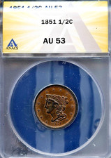 1851 1/2c Braided Hair Half-cent AU 53 ANACS # 7492181 + Bonus picture