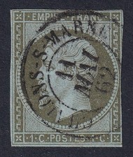 FRANCE 1860 Napoleon III 1c Olive-Green/Bluish SG 42 Used (CV £120) picture