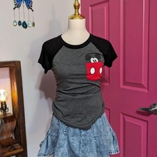 Disney Womens Mickey Mouse Faux Pocket Raglan Baseball T-Shirt Size M (7/9) Gray picture