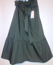 Uniqlo Women’s Green Cotton Twill A-Line Midi Skirt Tie Waist  Ruffle Sz S picture