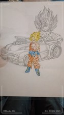 Original Hand Drawn Anime Warrior Goku Style Hot Rod Car Art Laminated picture