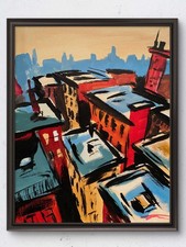 Original 14x11 Expressionist City Rooftops Aerial View Painting Signed Canvas picture