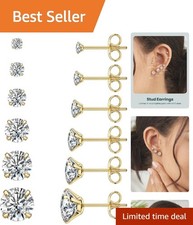 6 Pairs Hypoallergenic 14K Gold Stud Earrings Set - Chic CZ Heights 3-8mm picture