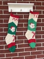 VTG Hand Knit Christmas Stockings Santa Face Wool 50's 60's Bells Pair Kitschy picture