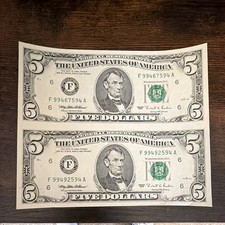 Lot of 2 Uncut Series 1995 $5 US Federal Reserve Notes Uncertified picture