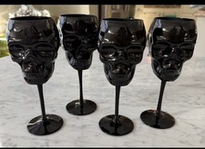 HALLOWEEN GOTHIC KILLSTAR CRANIUM WINE GLASSES BLACK SKELETON HUMAN SKULL SET 4 picture