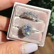 Moissanite Oval Cut 3 Carat Bridal Set Engagement Ring Solid 14K White Gold VVS1 picture