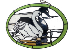 Vintage Leaded Stained Glass Suncatcher Panel Swan White Black  18