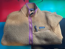 Patagonia Men's L Beige Full Zip Jacket Purple Trim Stand-Up Collar Zip Pockets picture