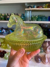 Vintage Summit Glass Carnival Vaseline Uranium Horse on Nest Dish Hen on Nest picture