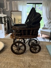 Vintage Wood And Wicker Doll Carriage W/ Folding Black Fabric Canopy picture