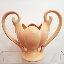 Vintage Camark Pottery Vase 505 Peach Pink Double Handle Lotus Tulip Trophy picture