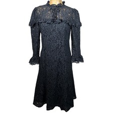 Rickie Freeman Teri Jon Black Floral Lace Beaded Bow Dress Victorian 6 Witchy picture