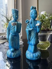 Antique Vintage 1940s Chinese Porcelain Figures Pair Turquoise China Immortals picture