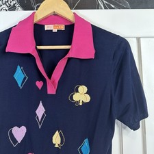 Vintage Y2K Snowbell Silk Blend Polo Top Playing Cards Rhinestone Navy Pink picture