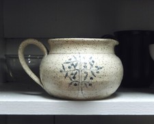 Studio Art Pottery Stoneware Pitcher Creamer, Speckled Ivory w Painted Blue Tree picture