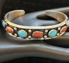 Reed Charlie Signed Navajo Handmade Sterling, Turquoise & Coral Cuff Bracelet picture