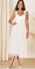 Lulus WomensForever Celebrated White Swiss Dot Ruched Tulle Midi Dress Small NWT picture