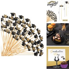 Yookeer 100 Pcs Graduation Bachelor Hat Bamboo Cocktail Picks Black Gold picture