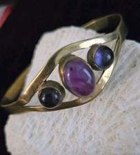 Artistic Vintage Amethyst Cabs & Brass Bracelet Artisan Made Absract picture