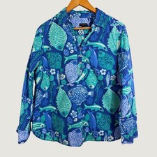 Talbots Petites Blue Fish Print Seersucker Henley Blouse Anchor Buttons LP picture