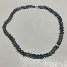 VTG Frosted Blue Glass Style 925 Sterling Silver Beaded Strand Necklace 15.5” In picture