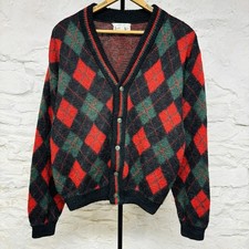 Vtg 60s Lamb Knit Argyle Shaggy Mohair Wool Cardigan Sweater Red Black Grunge picture