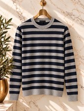 Theory - Men’s Navy Blue Gray Striped Cotton Crewneck Sweater Size L picture