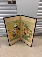 Vintage Asian Folding Screen Hand Painted Birds Flowers Gold Tone 2 Panel Decor picture