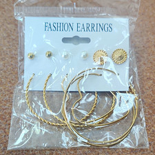 Gold Tone Metal Earrings Set Stud & Hoop Round No Stone Butterfly Closure picture