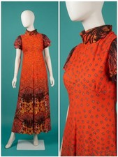 Vintage 1960s Bright Orange Floral Maxi Dress With Flutter Sleeves Size S picture