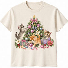 Vintage Christmas Kittens T-Shirt Cute Cat Tree Pink Bow Holiday Graphic Tee picture