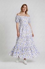 Tiered Blue & White Floral Maxi Corset Dress Puff Sleeves Women’s Medium picture