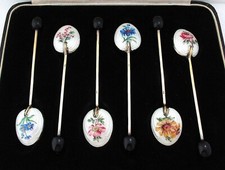 Cased Vintage Sterling Silver Gilt English Floral Enamel Tea Coffee Bean Spoons picture