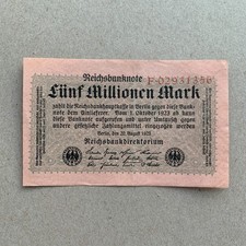 1923 German 5 Million Mark Banknote, Germany Currency Era between WWI WW2 WWII picture
