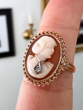 Vintage 10K Gold Habille Cameo Ring Diamond Accent Carved Shell Cameo Size 6.75 picture