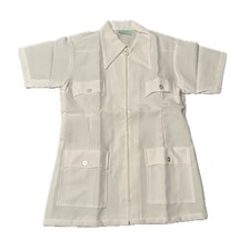 Vintage 1970s White Zip Front Safari Blouse Shirt Short Sleeve Medium ^ picture