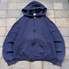 Vintage Russell Athletic Zip Hoodie Men’s Large Y2K Fleece Sweatshirt Navy Blue picture