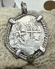 Authentic Spanish-colonial 2-Reales Silver Shipwreck Cob Coin in Emerald Bezel picture