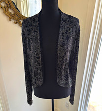 Chico's Travelers Black/Silver Paisley Rhinestone Open Front Cardigan Sweater picture