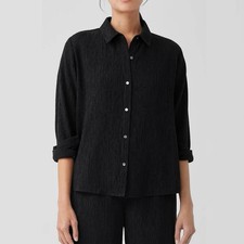 NWT Eileen Fisher 2X Plisse Pleated Black Classic Buttondown Shirt picture