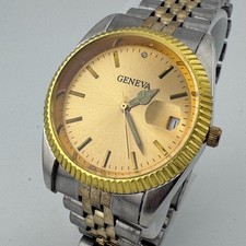 VTG Geneva Quartz Watch Men Dual Tone Fluted Bezel Date Analog New Battery 7.75