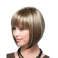 Women's Gold Blonde Mixed Brown Highlights Short Bob Straight Wig Synthetic Hair picture